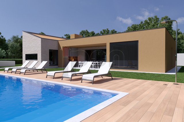 Kaštelir, prizemnica modernog dizajna sa bazenom u izgradnji na lijepoj okućnici i odličnoj lokaciji!